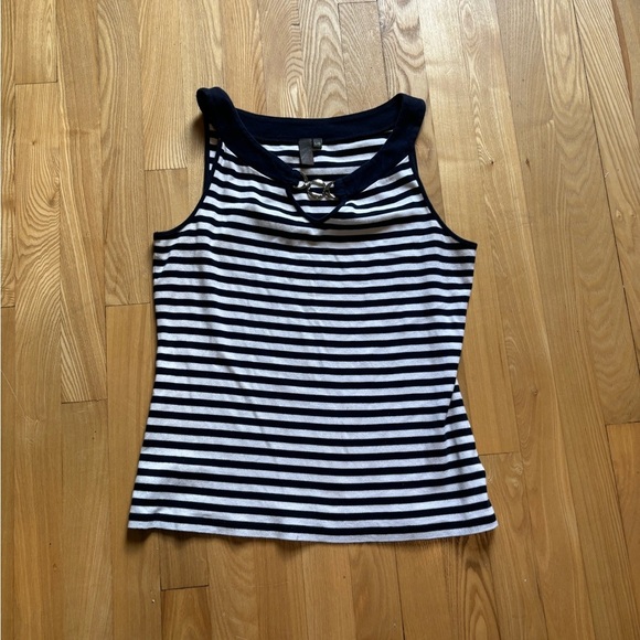 Navy and White Striped Women's Top With Buckle Detailing - Picture 1 of 3